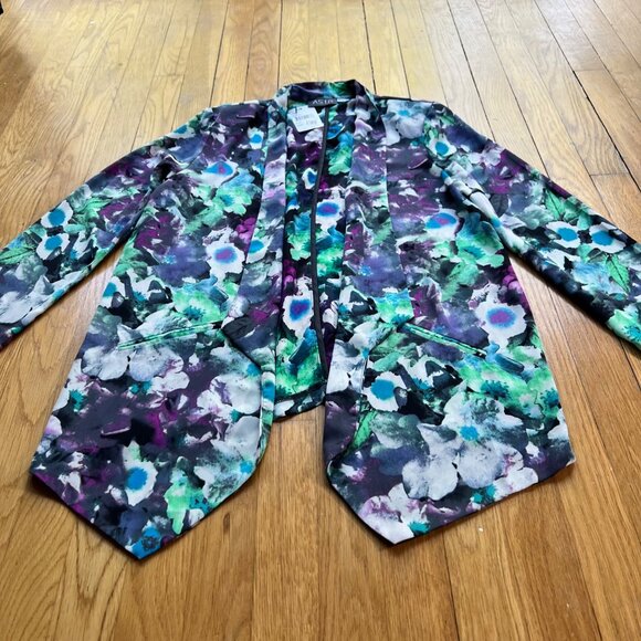 ASTR Size L NEW Black Multicolor Floral Open Front Long Sleeve Sheer Blazer - Picture 5 of 14